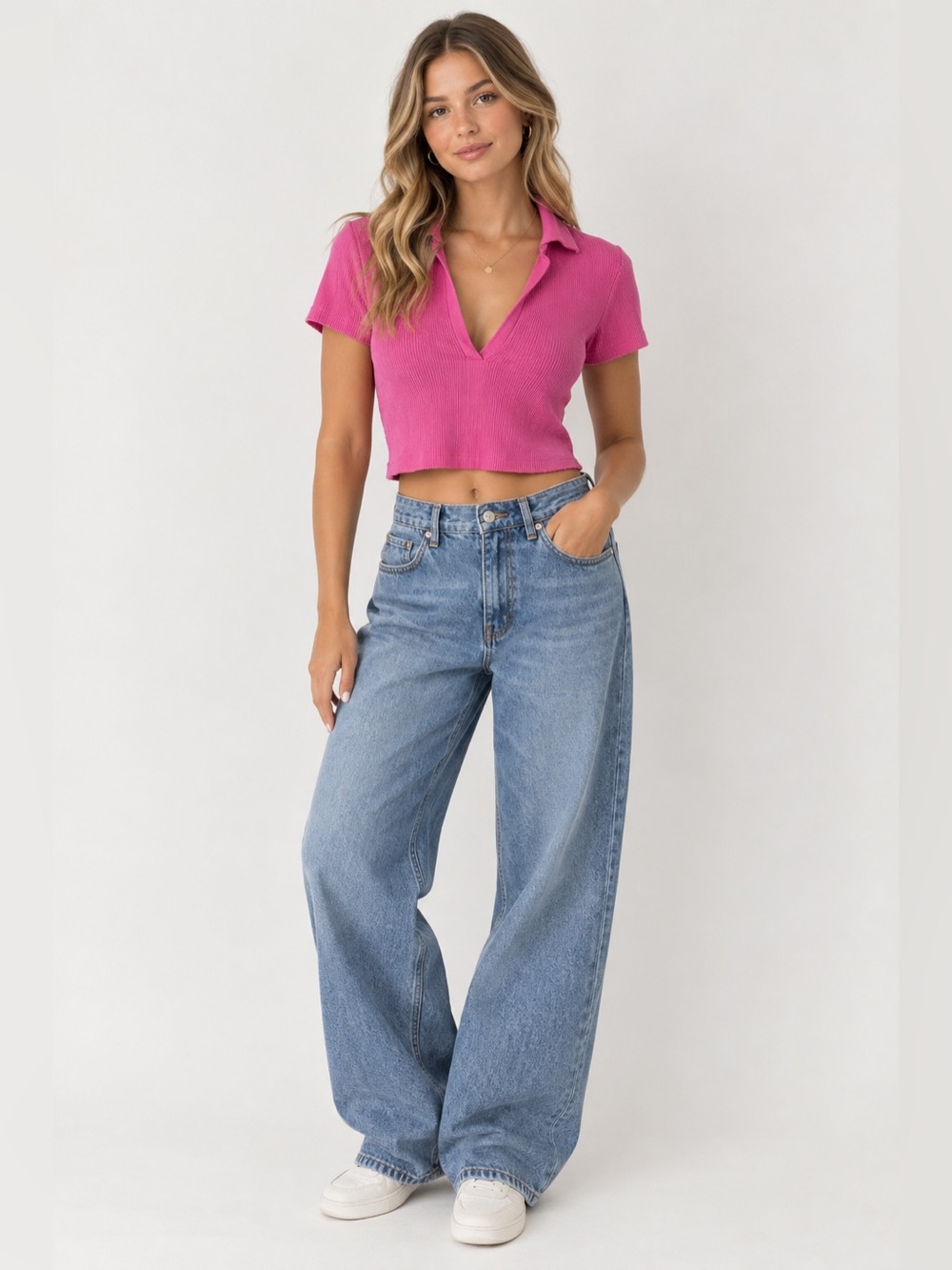 Zara Hot Pink Ribbed 90s Style Deep-V Polo Crop Top (Size Small)